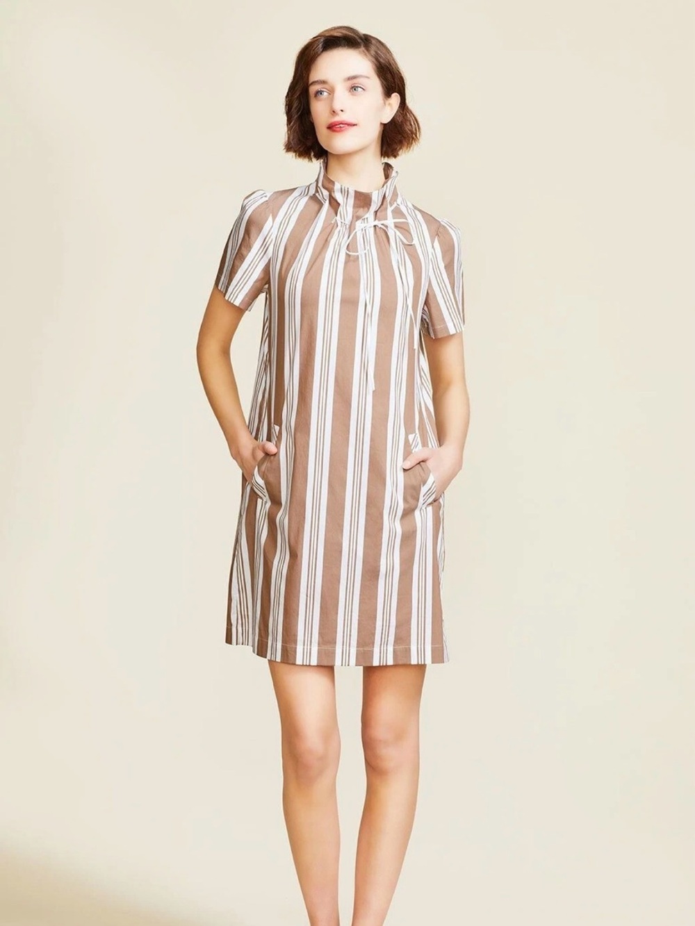 Pearl By Lela Rose Striped Poplin Ruched Neck Tunic Dress Camel Size Large